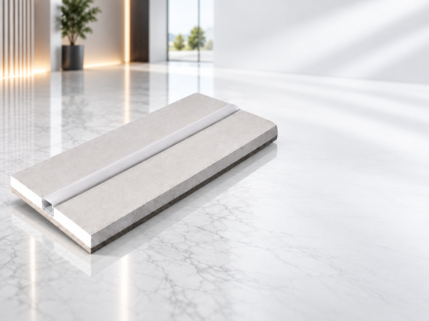 Dettaglio del semilavorato in cartongesso e fibra con profilo in alluminio integrato e diffusore opalino predisposto per strip LED.